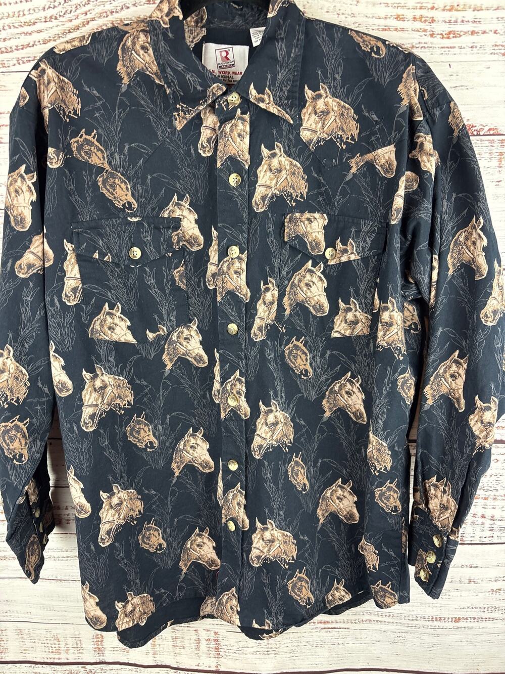 Real Work Wear Blue Western Horse Print LS Button Up Cotton Cowboy Shirt Mens L